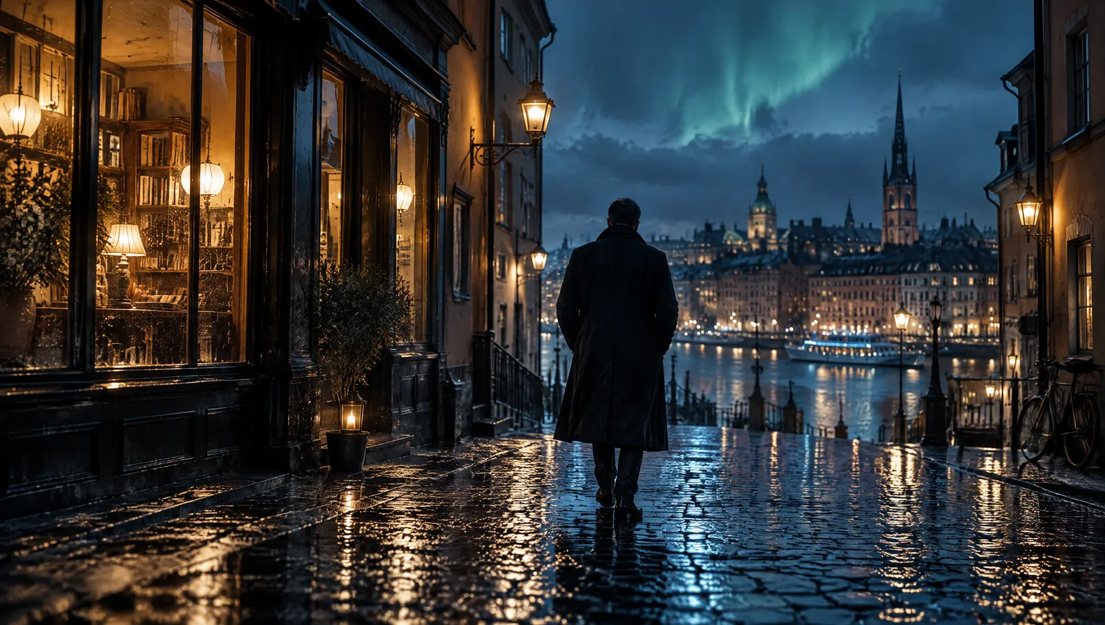 Thrillerscen: en man i lång rock på en regnvåt kullerstensgata i Gamla stan om natten
