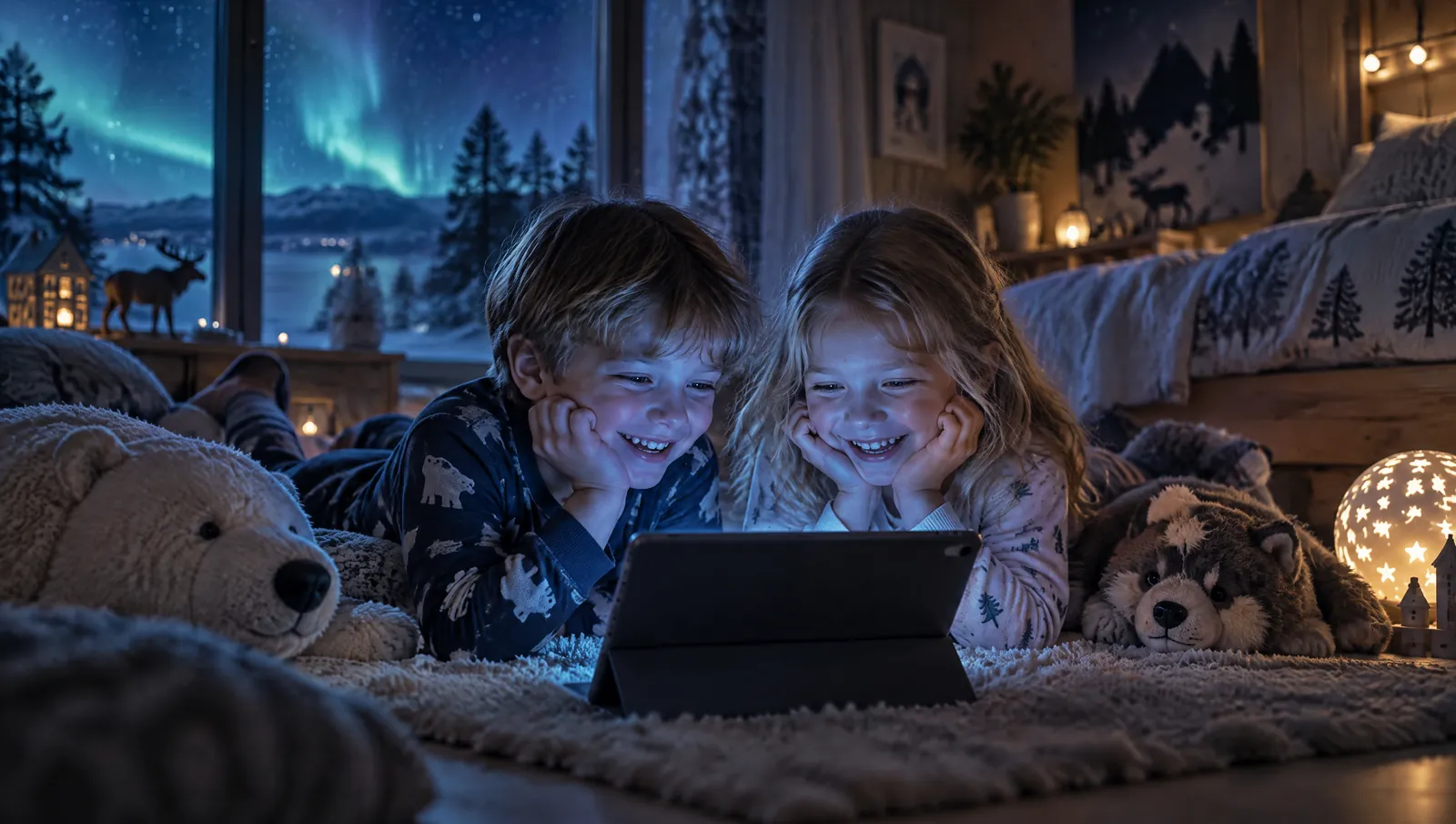 Två barn i pyjamas som skrattar framför en surfplatta