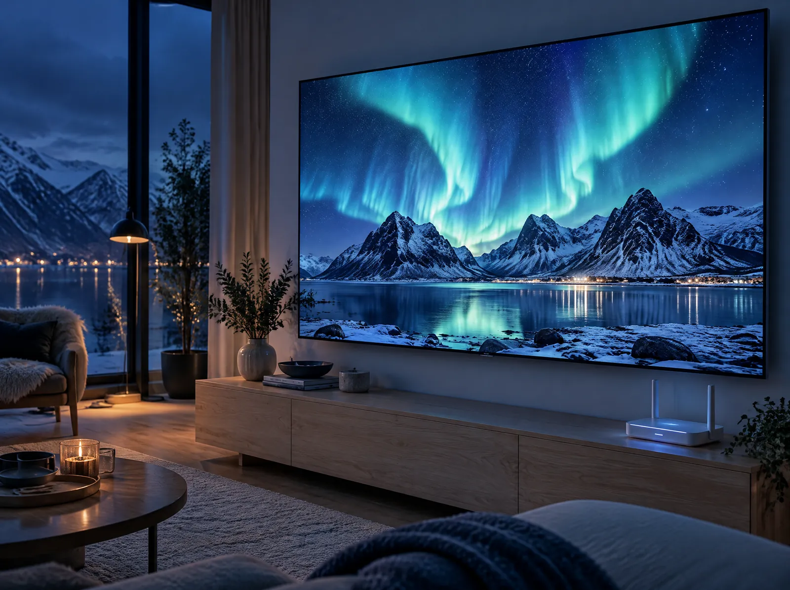 Tunn 4K-tv i ett nordiskt vardagsrum som visar norrsken över fjäll, med en wifi-router på skänken
