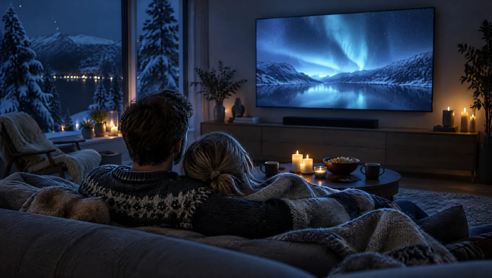 Par i soffan under en filt som tittar på serier en snöig kväll