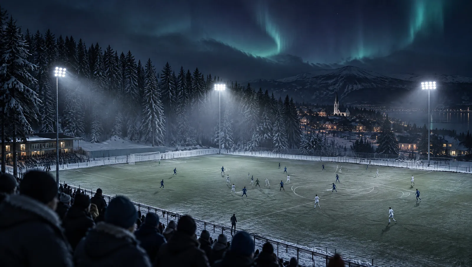Fotbollsmatch under strålkastare en vinterkväll i en svensk småstad, med norrsken över skogen